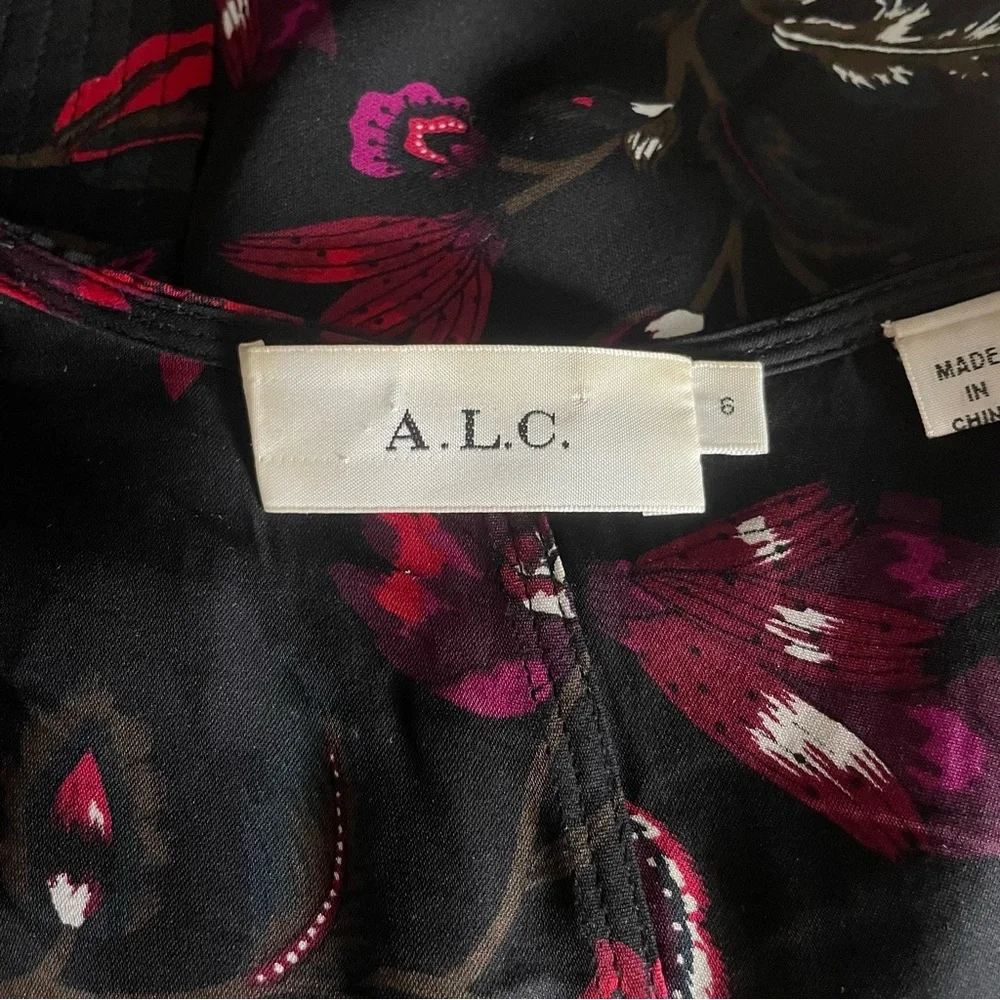 A.L.C. Cora Silk Floral Wrap Black Midi Dress 6
